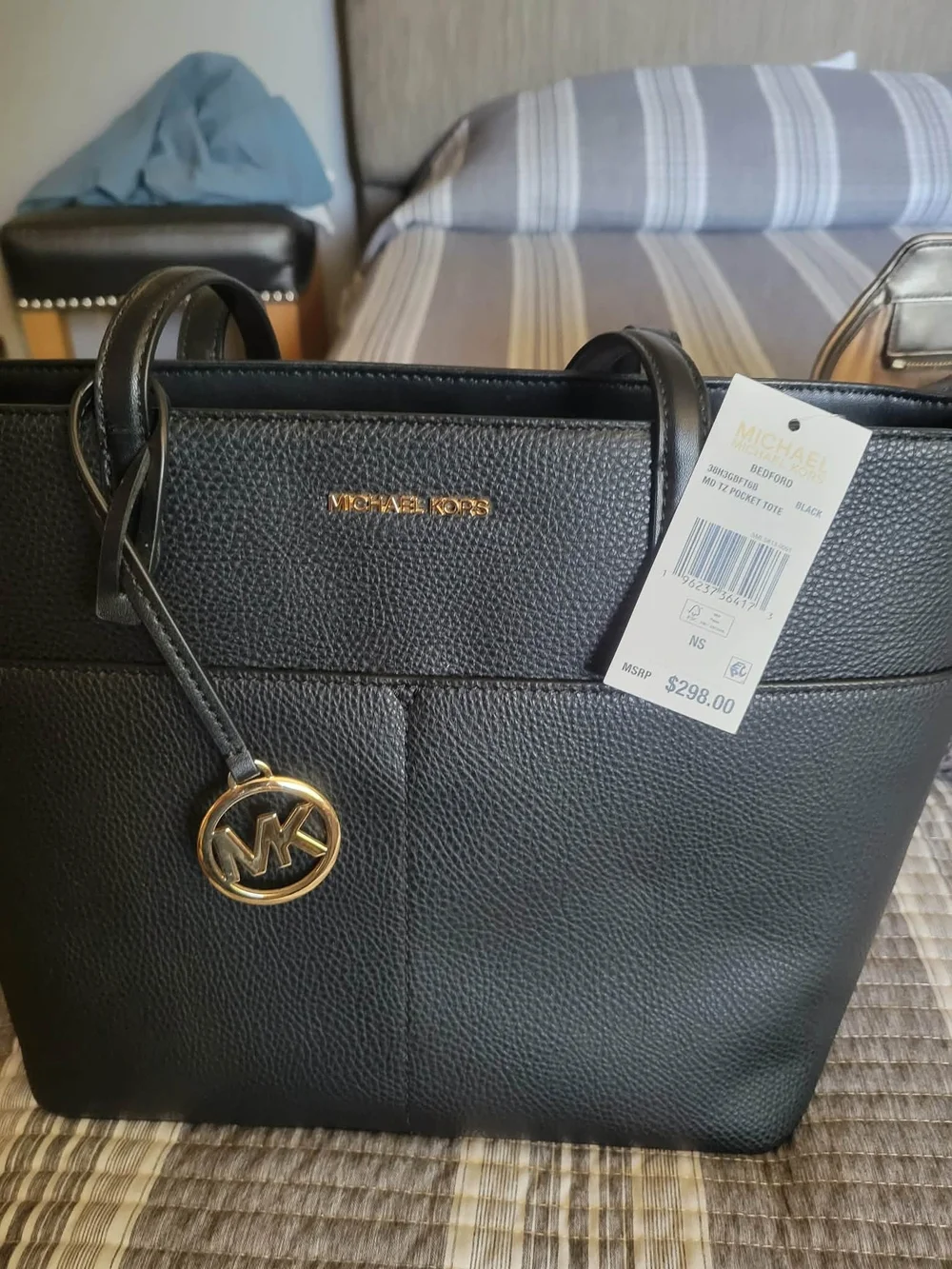 Michael Kors Black Pebbled Leather Tote with Gold MK Charm